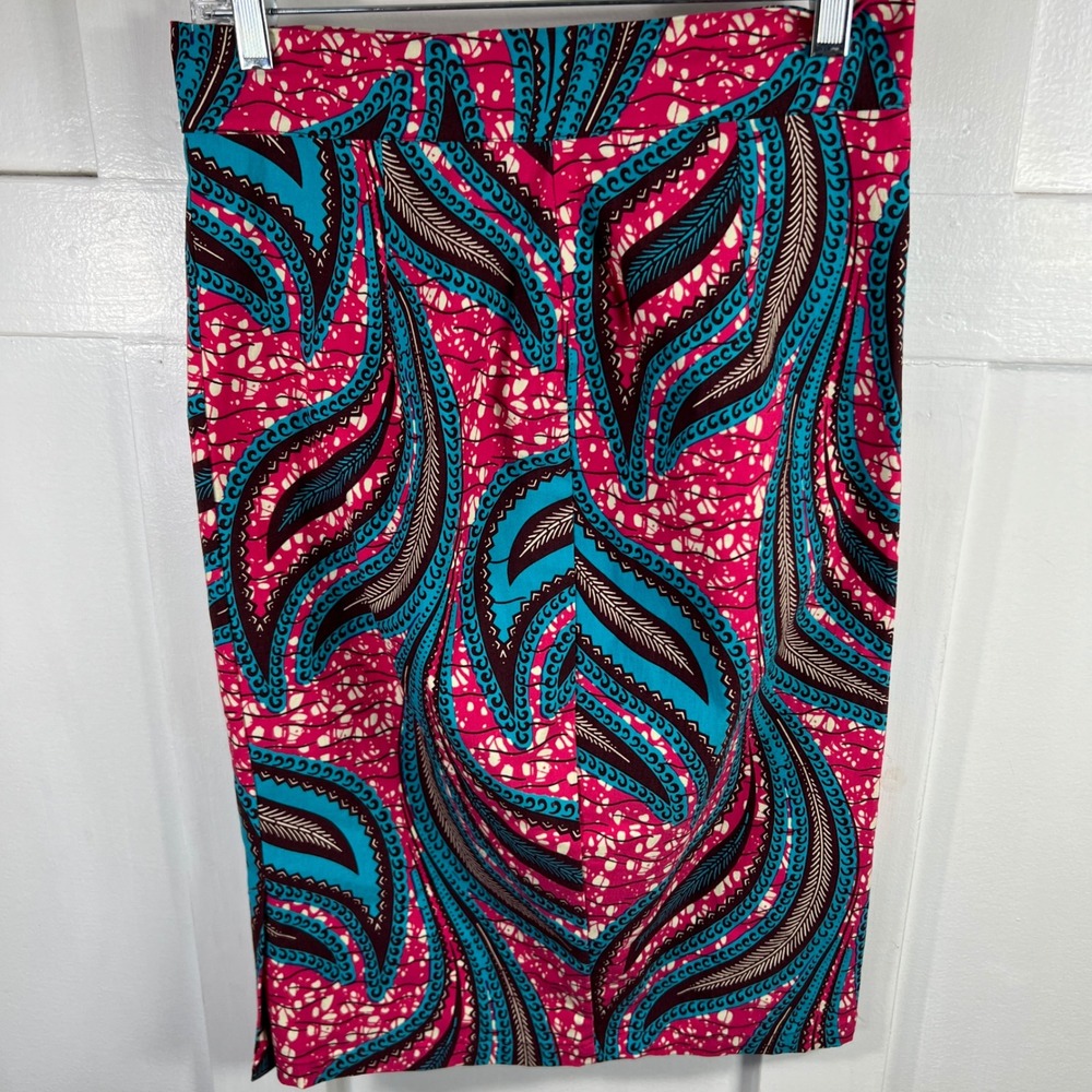 African Wax Print Pencil Skirt Pink‎ Turquoise Tribal Midi High Waist 29W 1619
